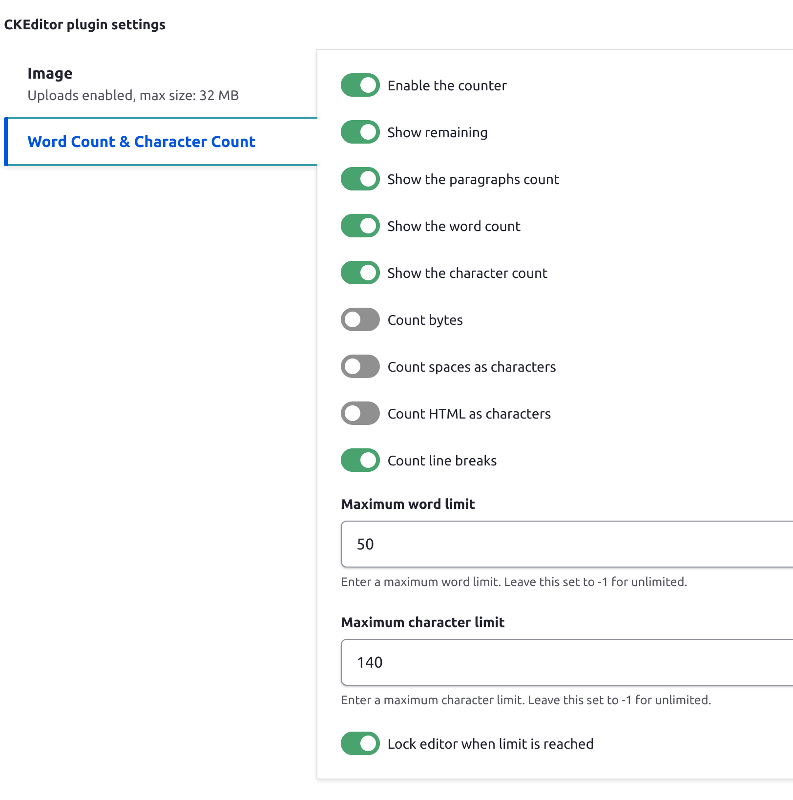 Configuring word or character counting in Drupal fields