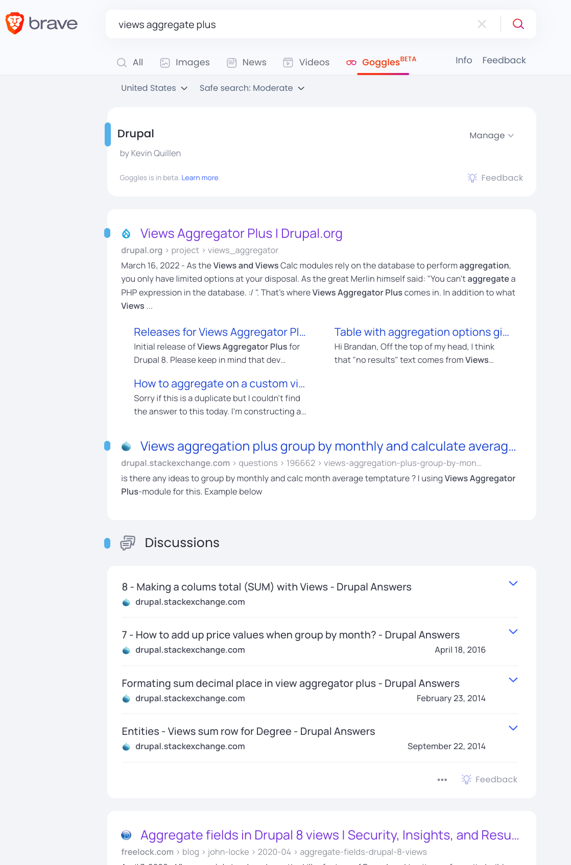 Example of search results using the Brave Search Drupal Goggle
